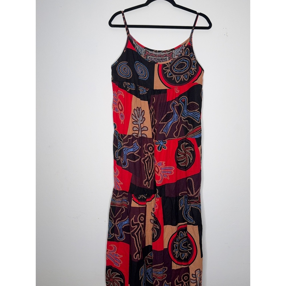 Boho Patchwork Tiered Maxi Dress Red Black Animal Print Pockets Large - Picture 2 of 6